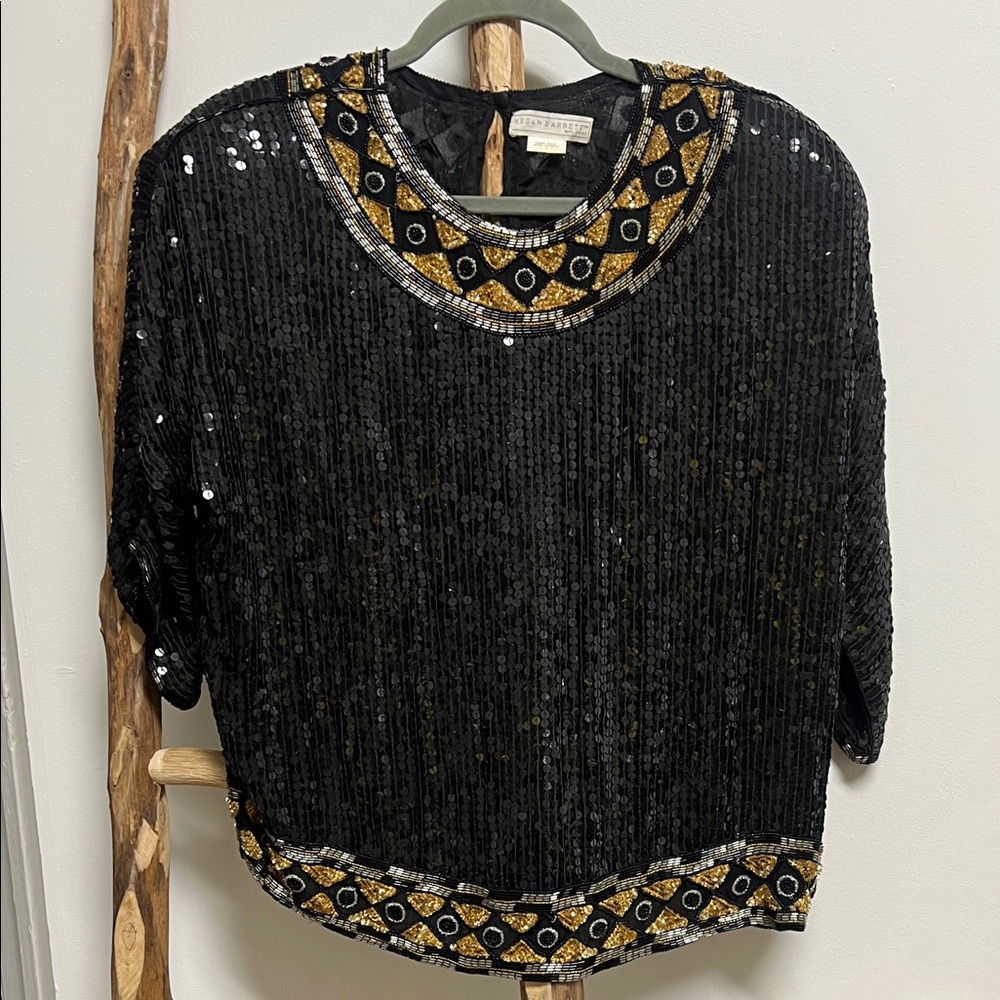 Vintage Black and Gold Beaded & Sequin Silk Short Sleeve Top Large XL